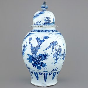Een zeer grote blauw-witte dekselvaas met chinoiseriedecor, Nevers, 17e eeuw — foto 1