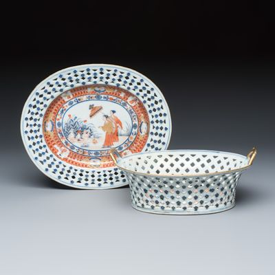 Een zeer zeldzame Chinese Imari-stijl 'La Dame au Parasol' mand met onderschotel naar Cornelis Pronk,, Qianlong, ca. 1740, Qianlong, ca. 1740