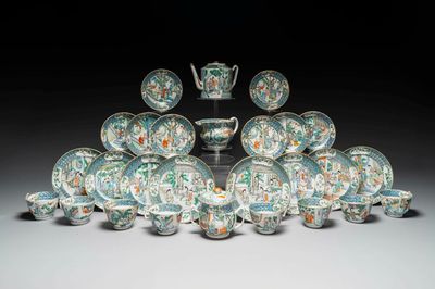 Een zeldzaam Chinees Canton famille verte 27-delig theeservies, 19e eeuw