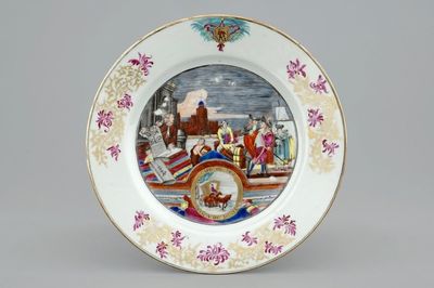Een zeldzaam Chinees famille rose export bord met Europese scène van textielhandelaars, Qianlong, ca. 1740