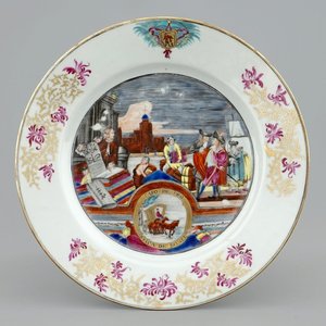 Een zeldzaam Chinees famille rose export bord met Europese scène van textielhandelaars, Qianlong, ca. 1740 — foto 1