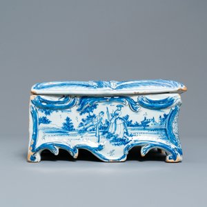 Een zeldzame blauw-witte Delftse sieradenkist met deksel, 18e eeuw — foto 5