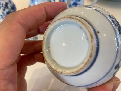 Een zeldzame Chinese blauw-witte set van twee dekselkannen en twee strooiers op onderschotel, Qianlong — foto 9