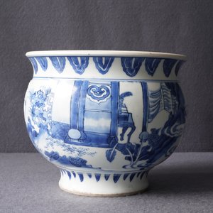 Een zeldzame Chinese blauw-witte wierookbrander met figuren in een landschap, Transitie periode — foto 16