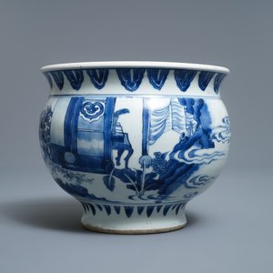 Een zeldzame Chinese blauw-witte wierookbrander met figuren in een landschap, Transitie periode — foto 4