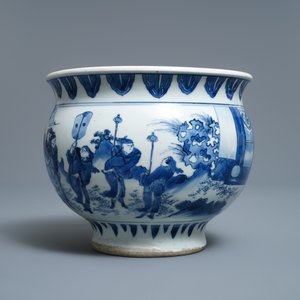 Een zeldzame Chinese blauw-witte wierookbrander met figuren in een landschap, Transitie periode — foto 5