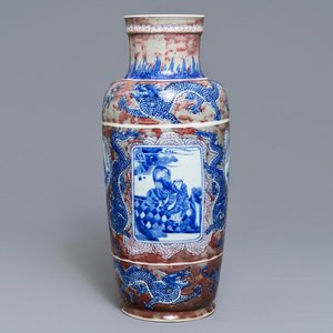 Een zeldzame Chinese blauwwitte en onderglazuur rode rouleau vaas, Kangxi — foto 1