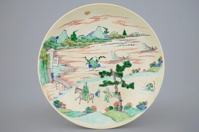 Een zeldzame Chinese famille verte op zeemleer ondergrond landschapsschotel, Kangxi