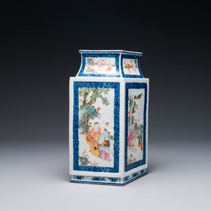 Een zeldzame Chinese ruitvormige Canton famille rose 'visser, houthakker, boer en geleerde 漁樵耕讀圖' vaas, Qianlong — foto 2