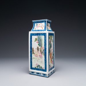 Een zeldzame Chinese ruitvormige Canton famille rose 'visser, houthakker, boer en geleerde 漁樵耕讀圖' vaas, Qianlong — foto 5