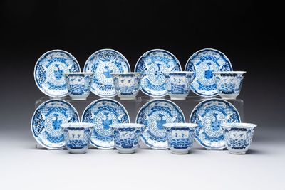 Eight Chinese blue and white cups and saucers, Kangxi mark, 19th C.