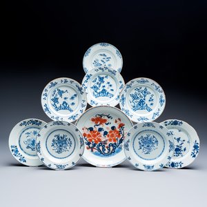 Eight Chinese blue and white plates and an Imari-style dish — photo 1
