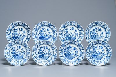 Eight Chinese blue and white plates with peacocks and birds, Kangxi