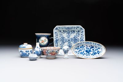 Eight Chinese blue, white, famille verte, and European-decorated wares, Kangxi/Qianlong