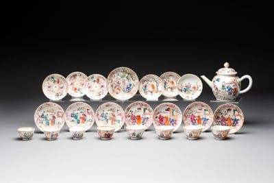 Eight Chinese Canton famille rose cups, 14 saucers and a teapot, Qianlong