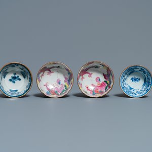 Eight Chinese famille rose, blue and white and iron-red capucin-ground cups and saucers, Kangxi/Qianlong — photo 8