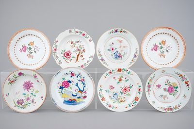 Eight Chinese famille rose export porcelain plates, Qianlong, 18th C.