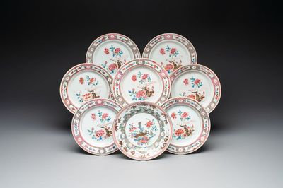 Eight Chinese famille rose plates with birds, Yongzheng/Qianlong