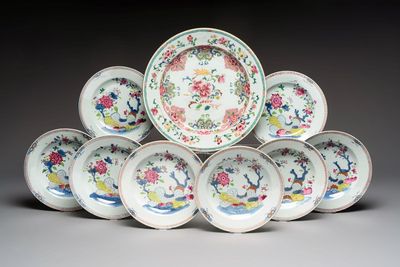 Eight Chinese famille rose plates with floral design and a dish, Yongzheng/Qianlong
