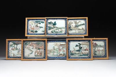 Eight Chinese famille rose 'rice and silk production' plaques, Republic
