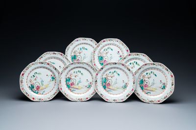 Eight Chinese octagonal famille rose plates with a boat on the water, Qianlong