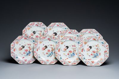 Eight Chinese octagonal famille rose 'rooster' plates, Qianlong