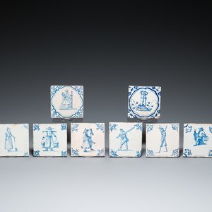 Eight Dutch Delft blue and white tiles with mostly craftsmen at work and playing children, 17th C. — photo 1