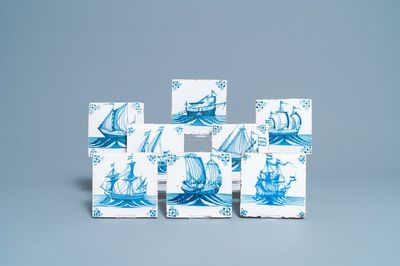 Eight Dutch Delft blue and white tiles with ships, 18th C.