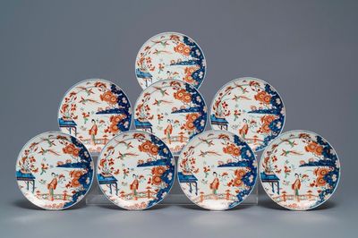 Eight polychrome Dutch Delft petit feu chinoiserie plates, 1st quarter 18th C.