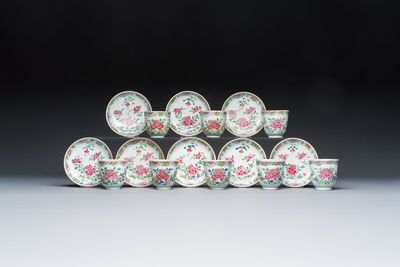 Eight sets of Chinese famille rose cups and saucers with floral design, Qianlong