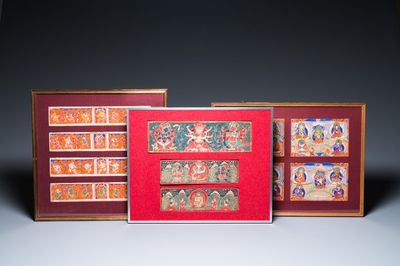 Eight tsaklis and three painted wood book covers, Tibet, 19th C.