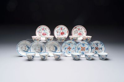 Eleven Chinese famille rose cups and nine saucers, Yongzheng/Qianlong