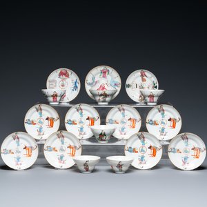 Eleven Chinese famille rose 'Wu Shuang Pu' saucers and six cups, mostly Daoguang mark and of the period — photo 1