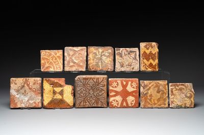 Eleven slip-decorated medieval and post-medieval tiles, France and Flanders, 15/18th C.
