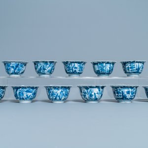 Elf gelobde Chinese blauw-witte koppen en schotels, Kangxi — foto 7