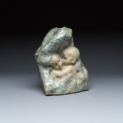 Émile Muller (1854-1945) and Alfred Boucher (1850-1934): 'Le Baiser', a polychrome glazed Art Nouveau group, signed