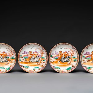 Ensemble des quatre tasses, soucoupes et un sucrier en porcelaine de Chine famille rose à décor de deux chevaux, Qianlong — photo 5