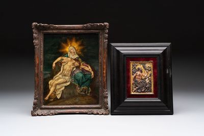 European school: 'Pieta', oil on copper, and a polychromed bronze relief of St. Marc, 16/17th C.