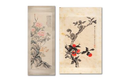 Feng Chaoran 馮超然 (1882-1954) and Jiang Hanting 江寒汀 (1904-1963): 'Peony' and 'Two squirrels on the persimmon tree', ink and colour on paper
