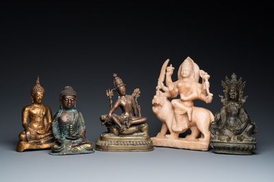 Five Asian sculptures in alabaster, bronze and brass, 19/20th C.