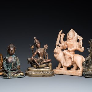 Five Asian sculptures in alabaster, bronze and brass, 19/20th C. — 照片 1