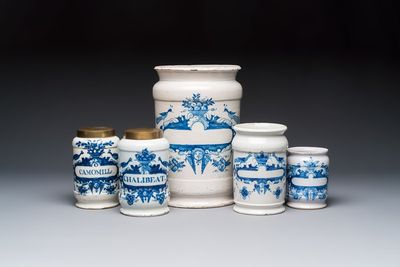 Five blue and white Dutch Delft albarello-type apothecary jars, 18th C.