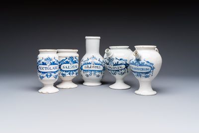 Five blue and white Dutch Delft and Brussels faience drug jars, 18th C.