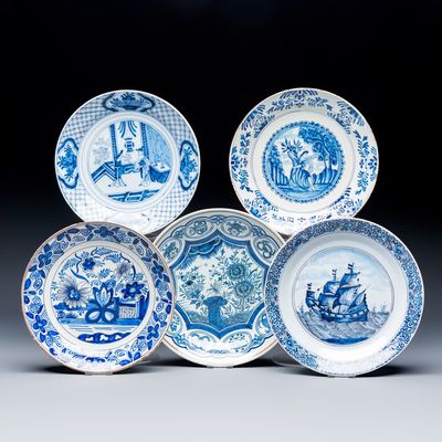 Five blue and white Dutch Delft plates, 19th C.