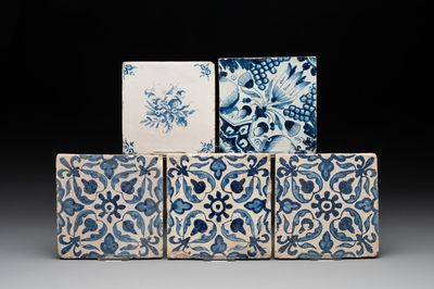 Five blue and white Dutch Delft tiles with floral design, 17th C.