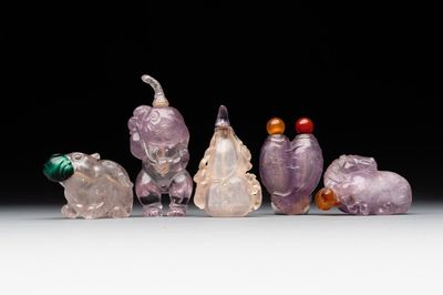 Five Chinese amethyst animal-form snuff bottles, 19/20th C.