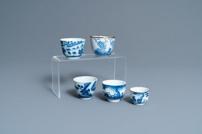 Five Chinese blue and white 'Bleu de Hue' cups for the Vietnamese market, 19th C.