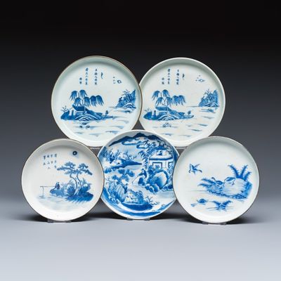 Five Chinese blue and white 'Bleu de Hue' 'Riverscape' plates, Nhuoc Tham tran tang 若深珍藏, Minh ky 鳴記 and Ngoan ngoc 玩玉 marks, 19th C.