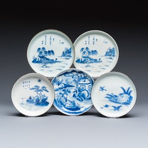 Five Chinese blue and white 'Bleu de Hue' 'Riverscape' plates — photo 1