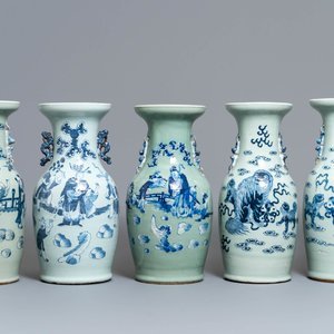 Five Chinese blue and white celadon-ground vases, 19th C. — 照片 1
